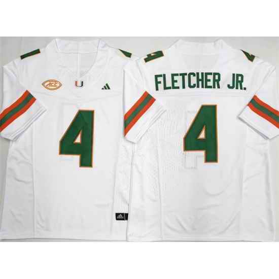 Men Miami Hurricanes 4 Mark Fletcher Jr  White F U S E  2026 Stitched Football Jersey
