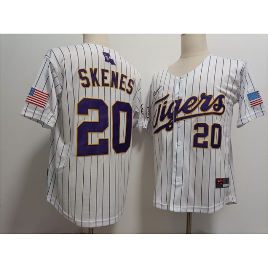 Men LSU Tigers #20 Paul Skenes White Strips Baseball Stitched NCAA Jersey