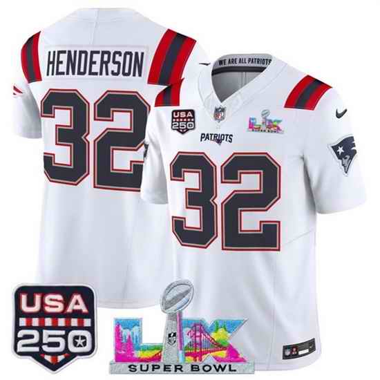Youth New England Patriots 32 TreVeyon Henderson White 2025 F U S E  Super Bowl LX  USA 250 Patch Vapor Limited Stitched Football Jersey