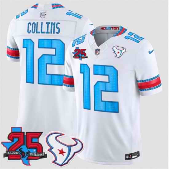 Men Houston Texans 12 Nico Collins White 2026 25th Anniversary Patch F U S E  HOUSTON US Rivalries Collection Limited Stitched Football Jersey
