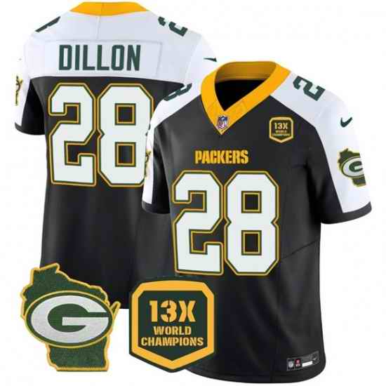 Men Green Bay Packers 28 AJ Dillon Black White 2023 F U S E  Home Patch 13 Time World Champions Vapor Untouchable Limited Stitched Football Jersey