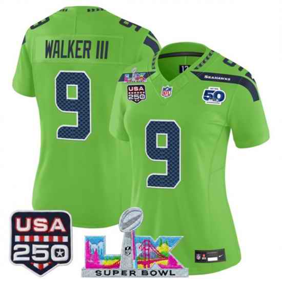 Women Seattle Seahawks 9 Kenneth Walker III Green 2025 F U S E  Super Bowl LX Patch And 50th Season  26 USA 250 27 Patch Vapor Limited Football Stitched Je