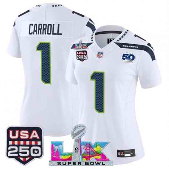 Women Seattle Seahawks 1 Pete Carroll White 2025 F U S E  Super Bowl LX Patch And 50th Season  26 USA 250 27 Patch Vapor Limited Football Stitched Jersey