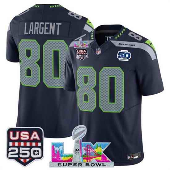 Men Seattle Seahawks 80 Steve Largent Navy 2025 F U S E  Super Bowl LX Patch And 50th Season  USA 250 Patch Vapor Limited Football Stitched Jersey