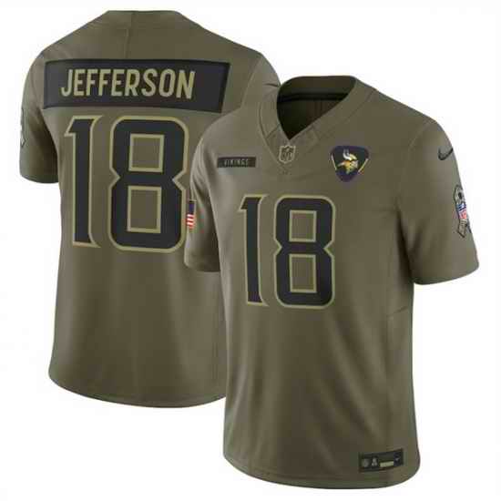 Men Minnesota Vikings 18 Justin Jefferson Olive 2025 Salute to Service Limited Stitched Football Jersey