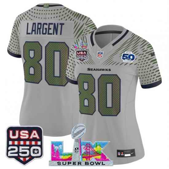 Women Seattle Seahawks 80 Steve Largent Gray 2025 F U S E Super Bowl LX  US 250th anniversary Patch And 50th Season Patch Rivalries Vapor Limited Football