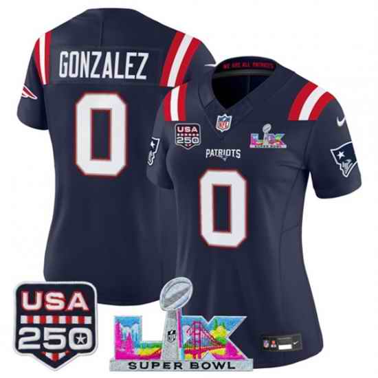 Women New England Patriots 0 Christian Gonzalez Navy 2025 F U S E  Super Bowl LX Patch And USA 250 27 Patch Vapor Limited Football Stitched Jersey
