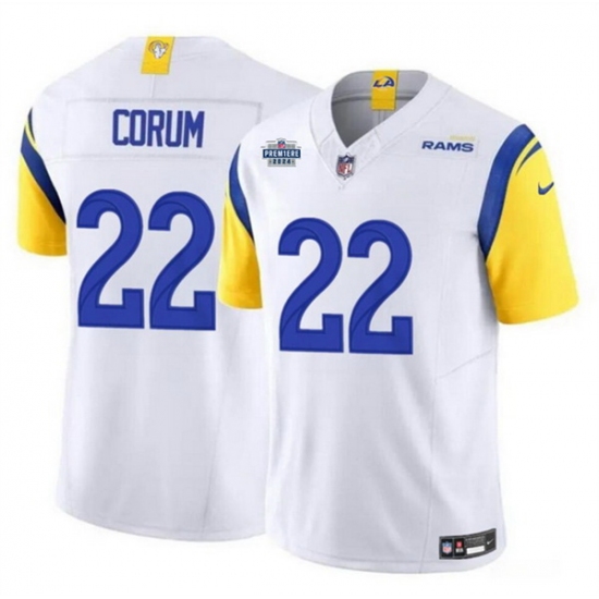 Men Los Angeles Rams 22 Blake Corum White 2024 With Dradt Patch F U S E Vapor Untouchable Stitched Football Jersey