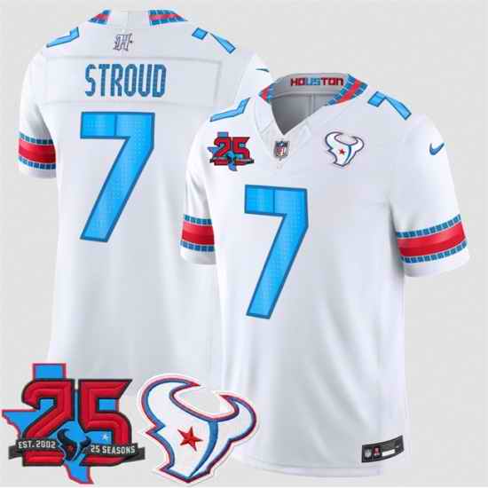 Men Houston Texans 7 C J Stroud White 2026 25th Anniversary Patch F U S E  HOUSTON US Rivalries Collection Limited Stitched Football Jersey