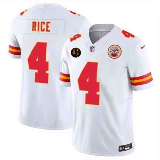 Men   Kansas City Chiefs 4 Rashee Rice White 2025 F U S E  John Madden Patch Vapor Untouchable Limited Stitched Football Jersey