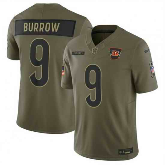 Men Cincinnati Bengals 9 Joe Burrow Olive 2025 Salute to Service Limited Stitched Football Jersey