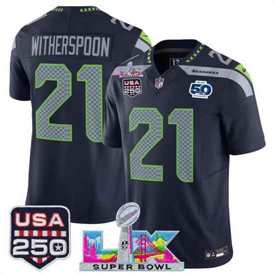 Youth Seattle Seahawks 21 Devon Witherspoon Navy 2025 F U S E  Super Bowl LX Patch And 50th Season  USA 250 Patch Vapor Limited Stitched Football Jersey