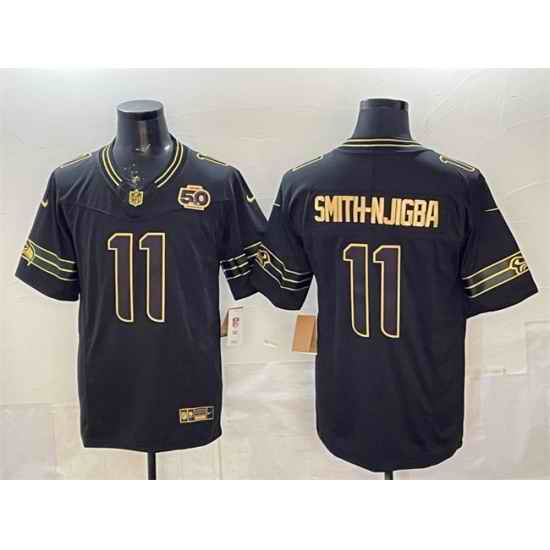 Men Seattle Seahawks 11 Jaxon Smith Njigba Black Gold 2025 F U S E  50th Season Patch Limited Stitched Football Jersey
