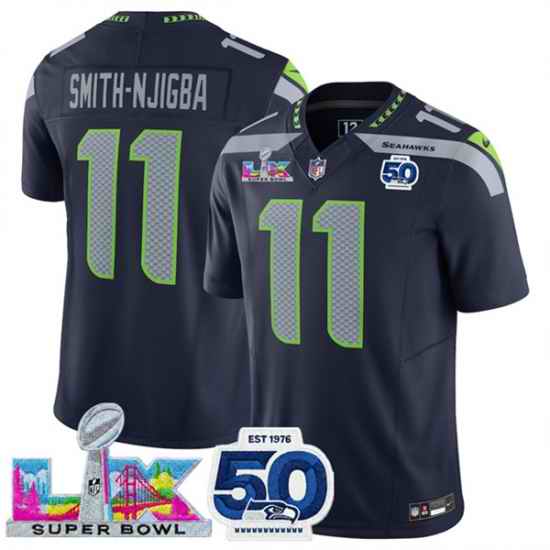 Women Seattle Seahawks 11 Jaxon Smith Njigba Navy 2025 F U S E  Super Bowl LX Patch And 50th Season Patch Vapor Limited Stitched Football Jersey