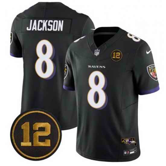 Men Baltimore Ravens 8 Lamar Jackson Black 2025 F U S E  Jacoby Jones Patch Vapor Limited Football Jersey
