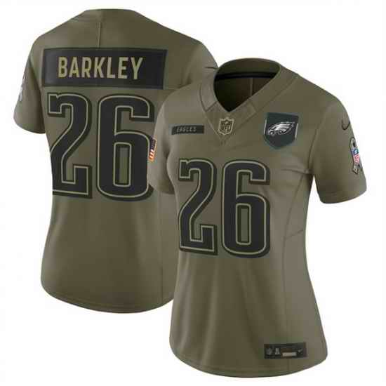 Women Philadelphia Eagles 26 Saquon Barkley Olive 2025 Salute to Service Limited Stitched Football Jersey