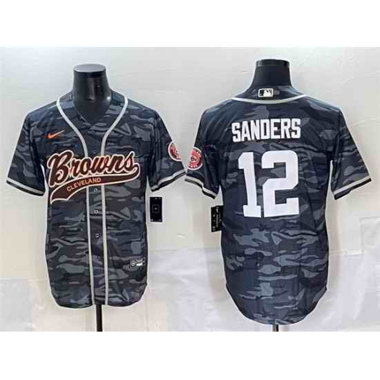 Men Cleveland Browns 12 Shedeur Sanders Grey Camo With Patch Cool Base Stitched Baseball Jersey