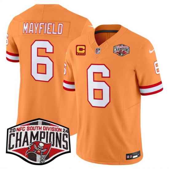 Men Tampa Bay Buccaneers 6 Baker Mayfield Orange F U S E  2024 NFC South Champions With 4 Star C Patch Limited Stitched Jersey