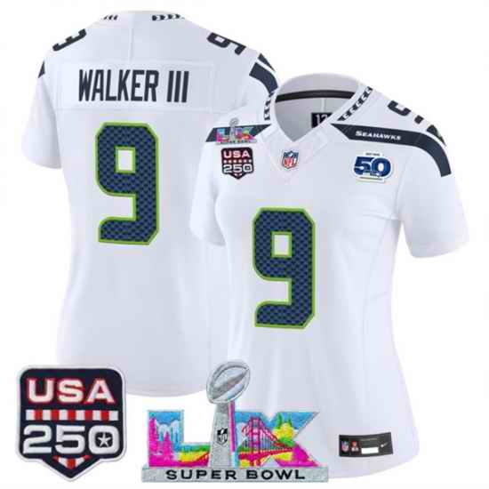 Women Seattle Seahawks 9 Kenneth Walker III White 2025 F U S E  Super Bowl LX Patch And 50th Season  26 USA 250 27 Patch Vapor Limited Football Stitched Je
