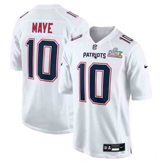 Men New England Patriots 10 Drake Maye White 2025 Super Bowl LX Patch Tundra Fashion Stitched Game Jersey