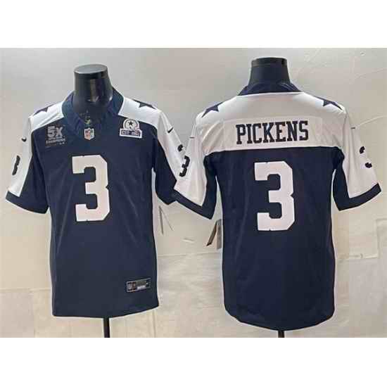 Men Dallas Cowboys 3 George pickens Navy F U S E  With 5x Super Bowl Champions  26 Established In 1960 Patch Thanksgiving Vapor Limited Stitched Football J