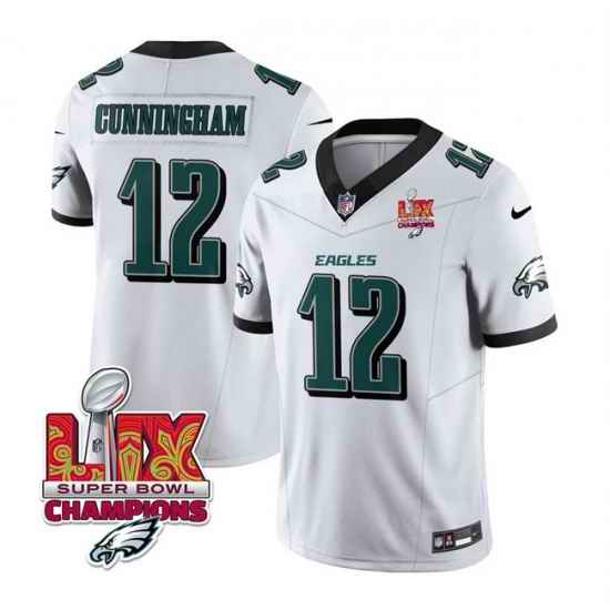 Men Philadelphia Eagles 12 Randall Cunningham White 2025 Eagles Logo Super Bowl LIX Patch New F U S E  Vapor Limited Stitched Football Jersey