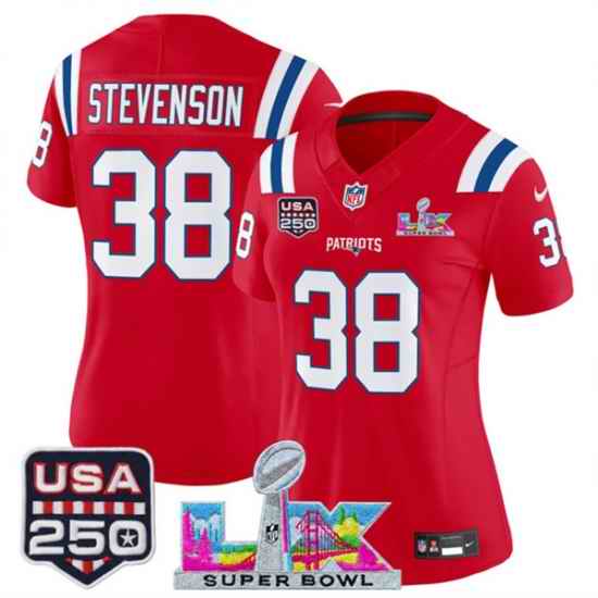 Women New England Patriots 38 Rhamondre Stevenson Red 2025 F U S E  Super Bowl LX Patch And USA 250 27 Patch Vapor Limited Football Stitched Jersey