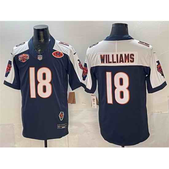 Men Chicago Bears 18 Caleb Williams Navy White F U S E  2025 NFC North Division Champions  26 VMH Patch Vapor Untouchable Limited Stitched Football Jersey