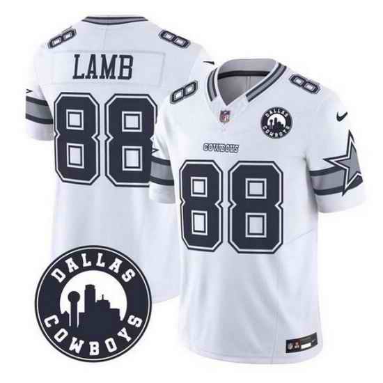 Men Dallas Cowboys 88 CeeDee Lamb White F U S E  With  27Dallas City 27 Patch Vapor Limited Stitched Football Jersey