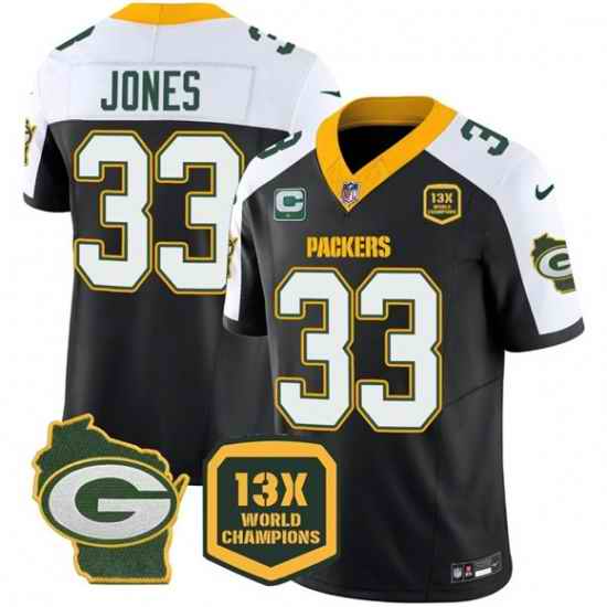 Men Green Bay Packers 33 Aaron Jones Black White 2023 F U S E  Home With 1 Star C Patch 13 Time World Champions Vapor Untouchable Limited Stitched Football