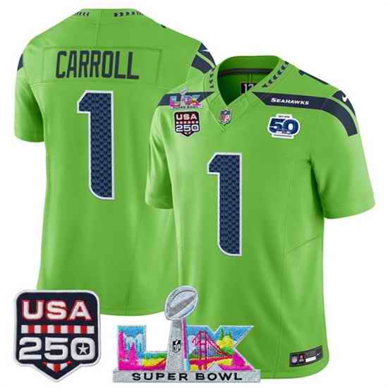 Men Seattle Seahawks 1 Pete Carroll Green 2025 F U S E  Super Bowl LX Patch And 50th Season  USA 250 Patch Vapor Limited Football Stitched Jersey