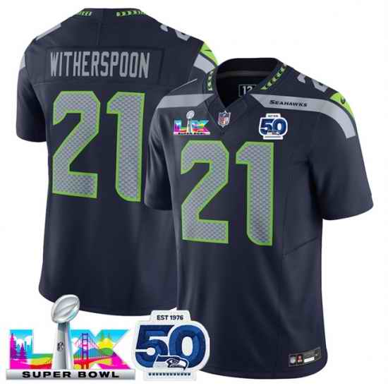 Men Seattle Seahawks 21 Devon Witherspoon Navy 2025 F U S E  Super Bowl LX Patch And 50th Season Patch Vapor Limited Stitched Football Jersey