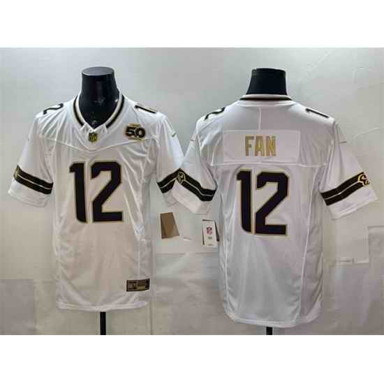 Men Seattle Seahawks 12 Fan White Gold 2025 F U S E  50th Season Patch Limited Stitched Football Jersey