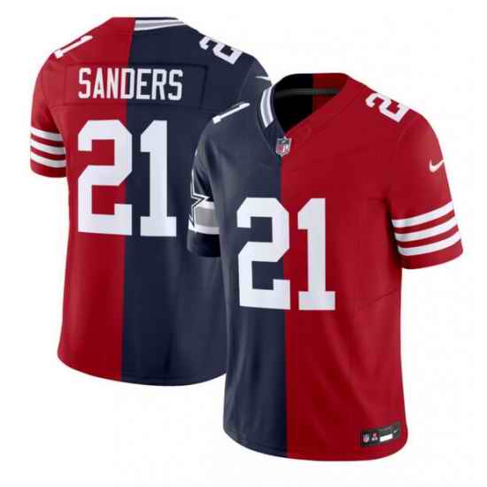 Men Dallas Cowboys X 49ers  21 Deion Sanders Navy Red Split F U S E  Vapor Limited Stitched Jersey