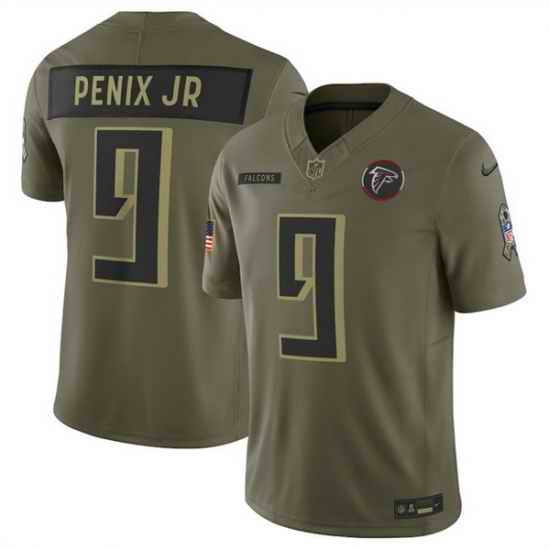 Men Atlanta Falcons 9 Michael Penix Jr Olive 2025 Salute to Service Limited Stitched Football Jersey