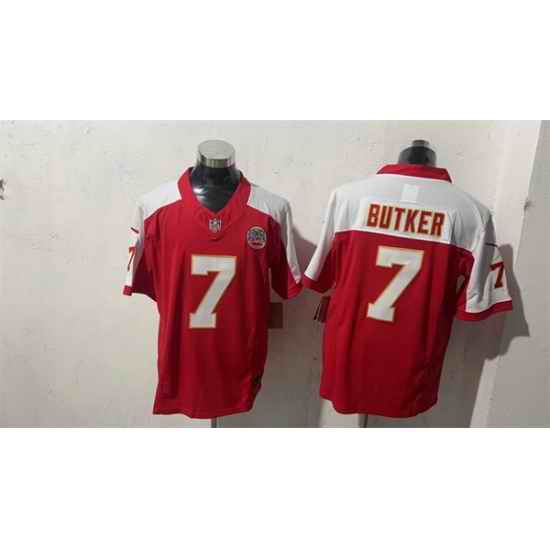 Men Kansas City Chiefs 7 Harrison Butker Red White F U S E Vapor Untouchable Limited Stitched Football Jersey