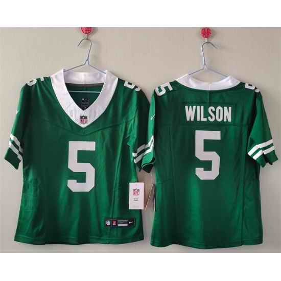 Women New York Jets 5 Garrett Wilson Green F U S E  Vapor Stitched Jersey