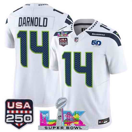 Men Seattle Seahawks 14 Sam Darnold White 2025 F U S E  Super Bowl LX Patch And 50th Season  USA 250 Patch Vapor Limited Football Stitched Jersey
