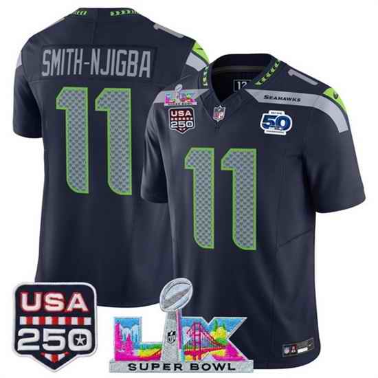 Youth Seattle Seahawks 11 Jaxon Smith Njigba Navy 2025 F U S E  Super Bowl LX Patch And 50th Season  USA 250 Patch Vapor Limited Stitched Football Jersey