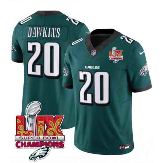 Men Philadelphia Eagles 20 Brian Dawkins Green 2025 Eagles Logo Super Bowl LIX Patch New F U S E  Vapor Limited Stitched Football Jersey