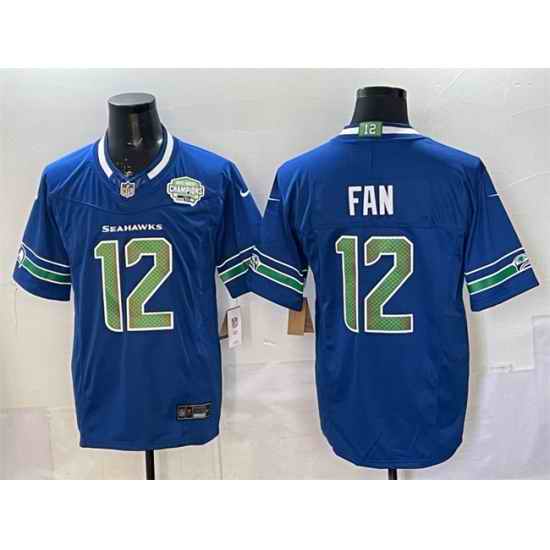 Men Seattle Seahawks 12 Fan Royal F U S E  2025 NFC West Champions Patch Limited Stitched Football Jersey