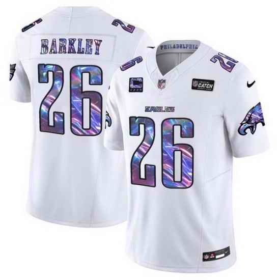 Men Philadelphia Eagles 26 Saquon Barkley White 2024 Crucial Catch F U S E  With 4 Star C Patch Vapor Untouchable Limited Stitched Football Jersey
