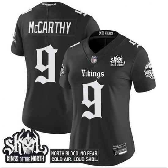 Women Minnesota Vikings 9 J J McCarthy Black 2025 Kings of the North Patch Gothic Norseblood Edition Vapor Untouchable Limited Stitched Football Jersey 1