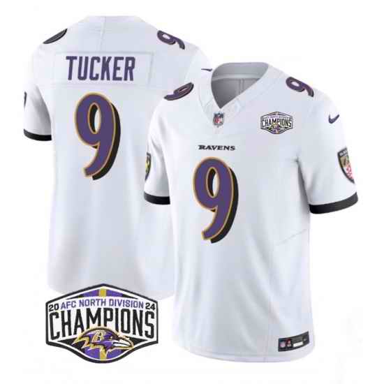 Men Baltimore Ravens 9 Justin Tucker White F U S E 2024 AFC North Division Champions Vapor Limited Football Jersey