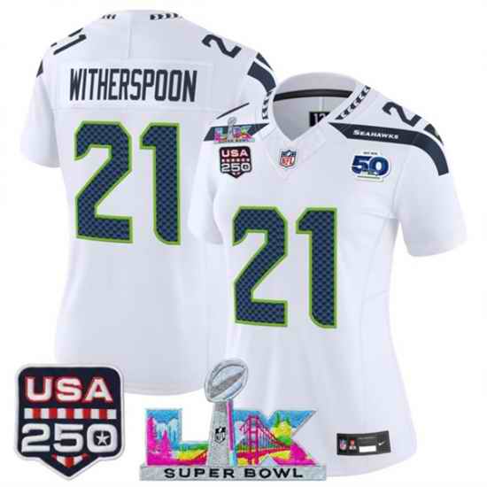 Women Seattle Seahawks 21 Devon Witherspoon White 2025 F U S E  Super Bowl LX Patch And 50th Season  26 USA 250 27 Patch Vapor Limited Football Stitched Je