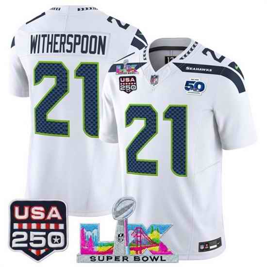 Youth Seattle Seahawks 21 Devon Witherspoon White 2025 F U S E  Super Bowl LX Patch And 50th Season  USA 250 Patch Vapor Limited Stitched Football Jersey