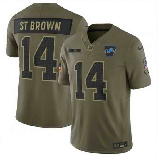 Men Detroit Lions 14 Amon Ra St  Brown Olive 2025 Salute to Service Limited Stitched Football Jersey