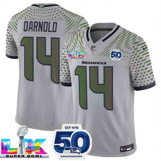 Men Seattle Seahawks 14 Sam Darnold Grey 2025 F U S E  Super Bowl LX Patch And 50th Season Patch  Rivalries Vapor Limited Stitched Football Jersey