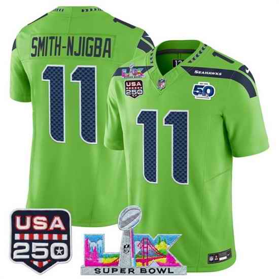 Men Seattle Seahawks 11 Jaxon Smith Njigba Green 2025 F U S E  Super Bowl LX Patch And 50th Season  USA 250 Patch Vapor Limited Football Stitched Jersey
