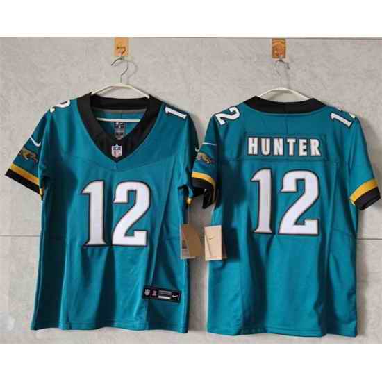 Women Jacksonville Jaguars 12 Travis Hunter Teal 2024 F U S E Prowler Throwback Vapor Limited Stitched Football Jersey